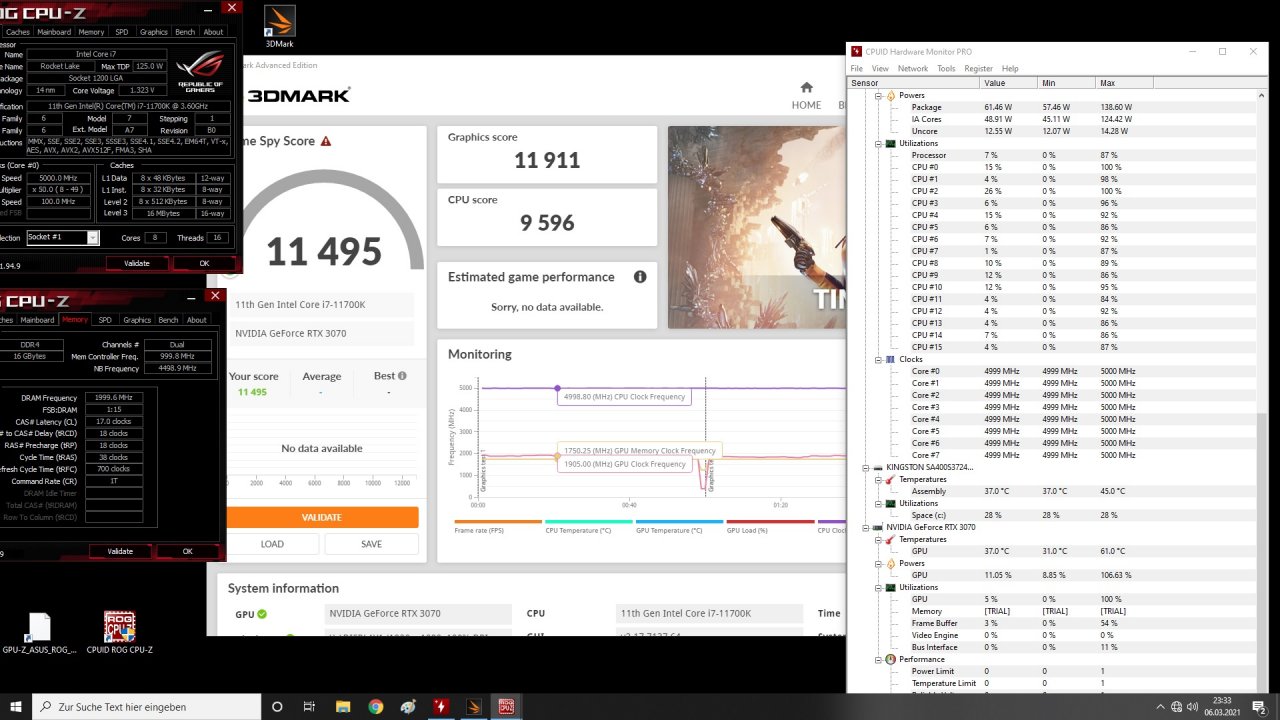 [08/03/2021] Core i7-11700K @ 5 GHz mit DDR4-4000 (17-18-18-38 1T) in 3D Mark Time Spy: 11.495 Punkte