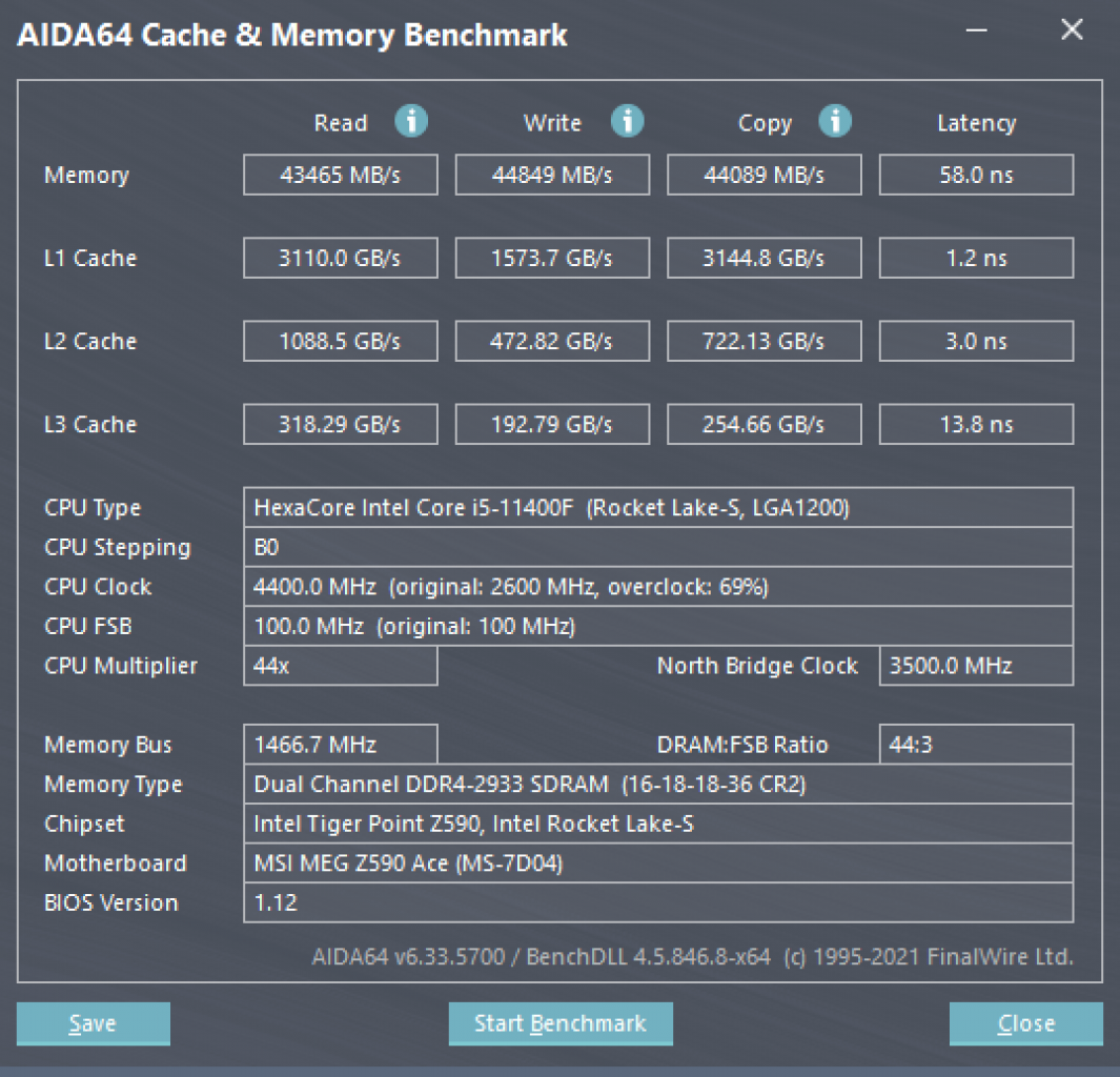 [22/04/2021] AIDA64 Cache & Memory Benchmark 11400F
