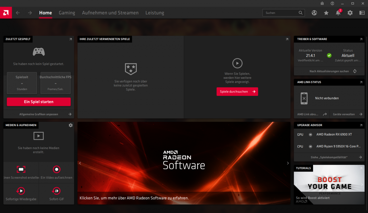 Radeon Software Adrenalin 2021 Full Installation - Hauptfenster