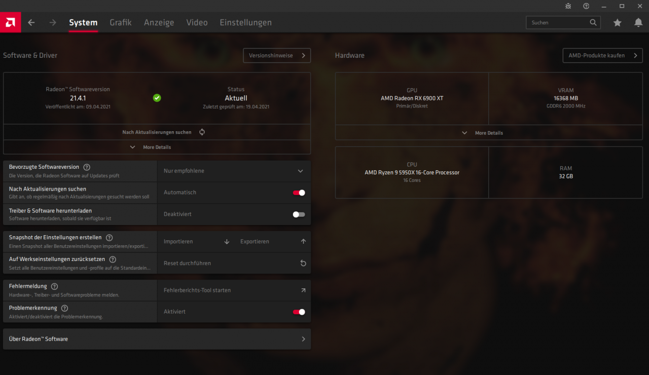 Radeon Software Adrenalin 2021 Minimum Installation - Hauptfenster