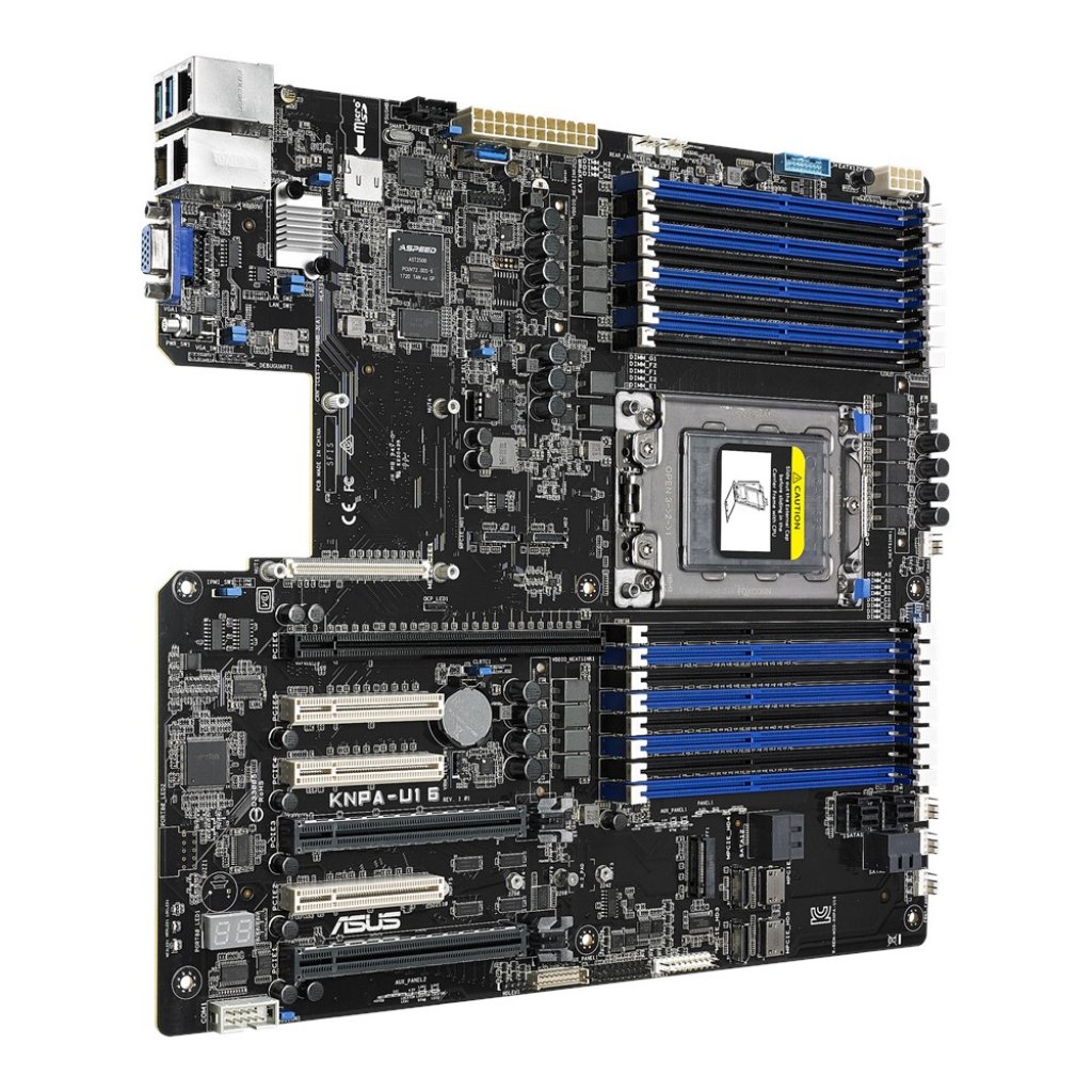 [20/05/2021] Nein, 16 RAM-Slots oder eine Aussparung für proprietäre Erweiterungen im I/O-Bereich heben Asus' KNPA-U16 nicht von anderen Epyc- respektive allgemein Server-Boards ab. Aber haben Sie schon einmal einen ×24-PCI-E-Slot gesehen?
