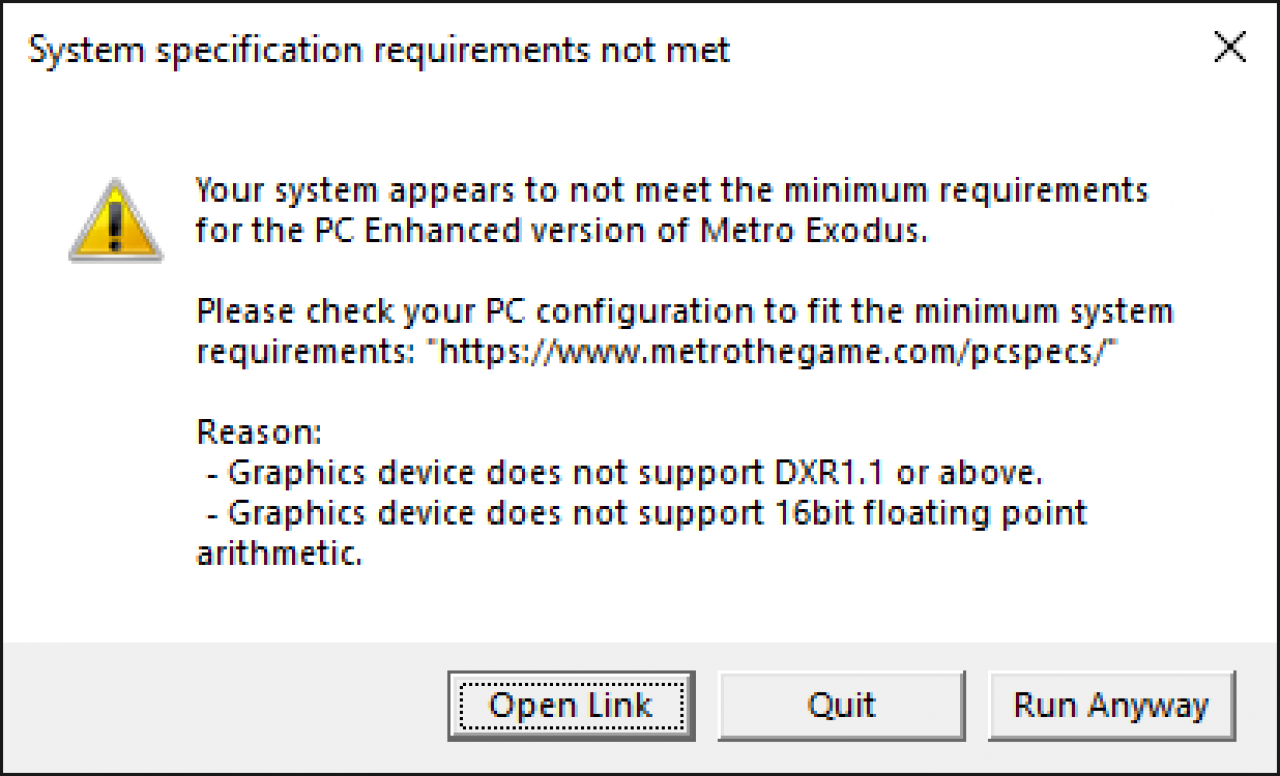 [08/05/2021] Metro Exodus Enhanced Edition auf alter GPU (in diesem Fall Pascal): Fehlermeldung beim Start. Nach einem Klick auf 