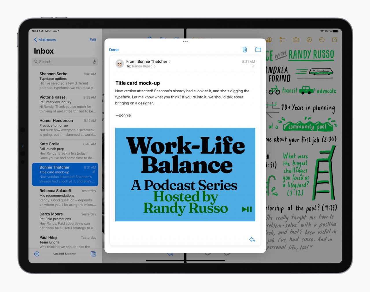 [08/06/2021] Apple iPadPro iPadOS15 mail notes multitasking splitview 060721