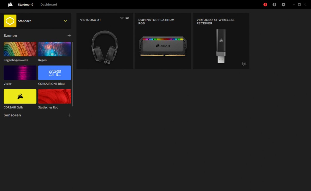 Corasir Virtuoso RGB Wireless - iCue4-Software - Startmenü