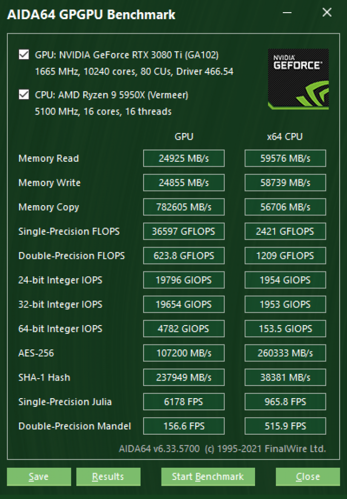 [13/07/2021] AIDA64 GPGPU Benchmark Nvidia Geforce RTX 3080 Ti