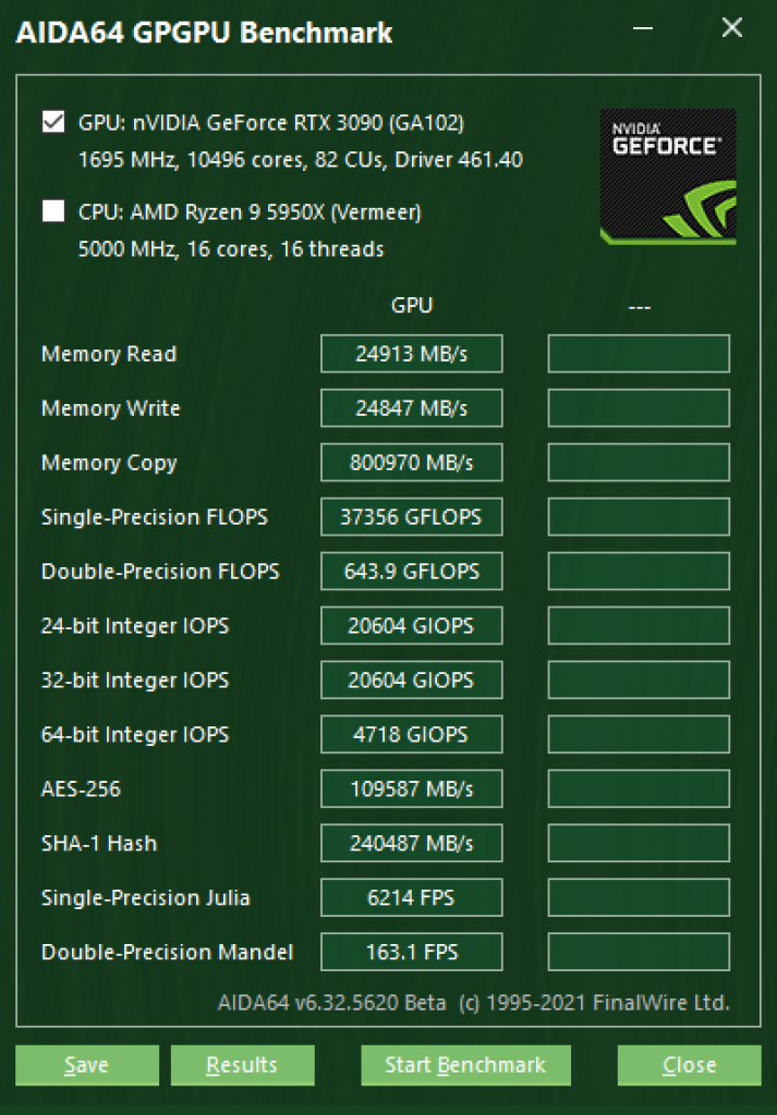 [13/07/2021] AIDA64 GPGPU Benchmark Nvidia Geforce RTX 3090