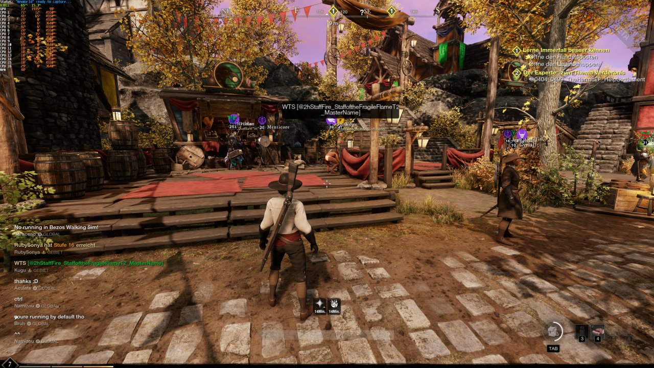[28/07/2021] New World Closed Beta - In den Städten liegt die CPU-Last deutlich höher als in offenen, ländlichen Gebieten. Platzhalter beim UI bzw. Item- und Quest-Bezeichnungen verdeutlichen die noch nicht finale Entwicklung der Closed Beta. (Insider-Hinweis: In Amazons Warenhäusern ist den Arbeitern Rennen streng untersagt.)