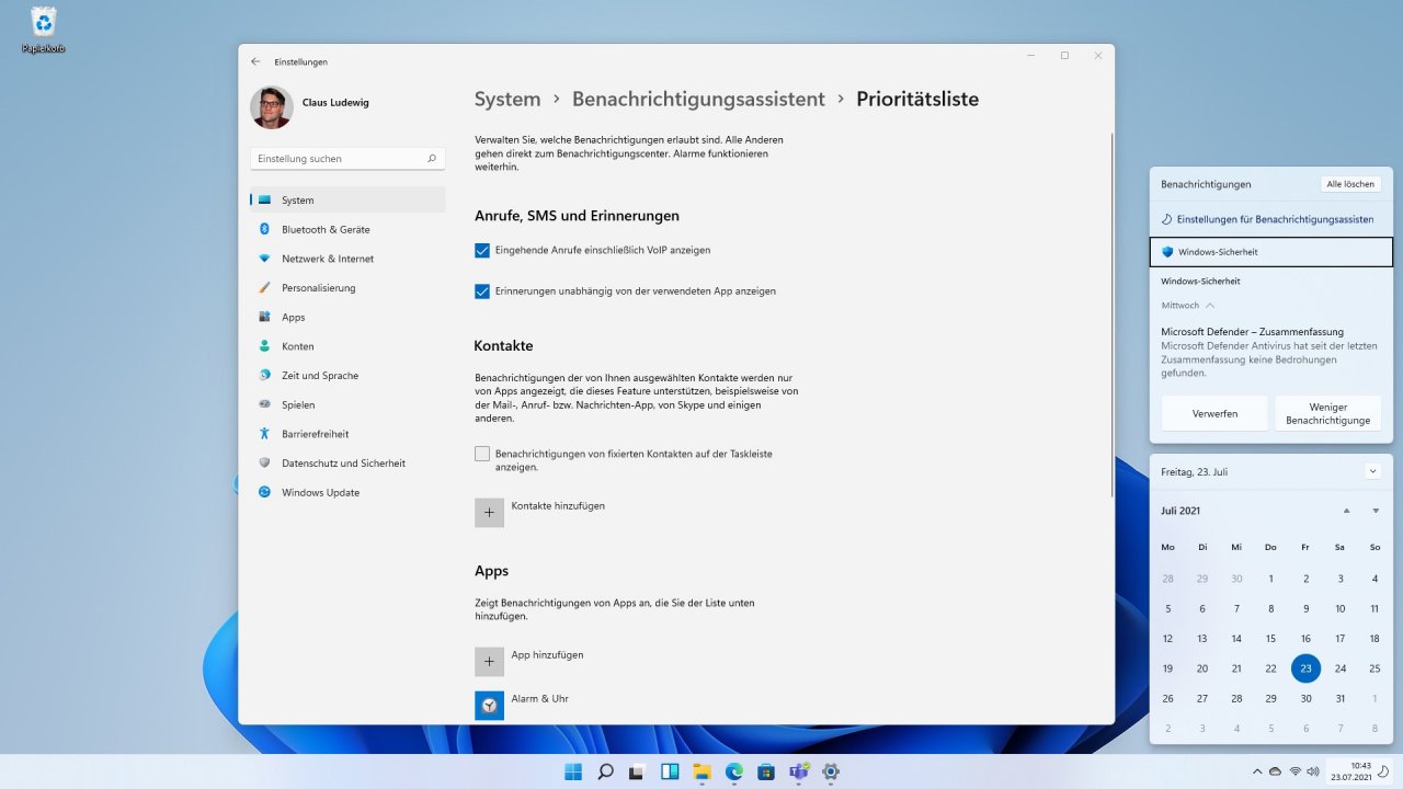 [23/07/2021] Windows 11 Benachrichtigungsasstent Insider Preview 22000.100