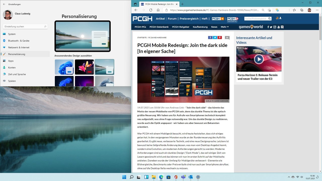 [15/07/2021] Windows 11 Design Sonnenaufgang mit gruener Akzentfarbe