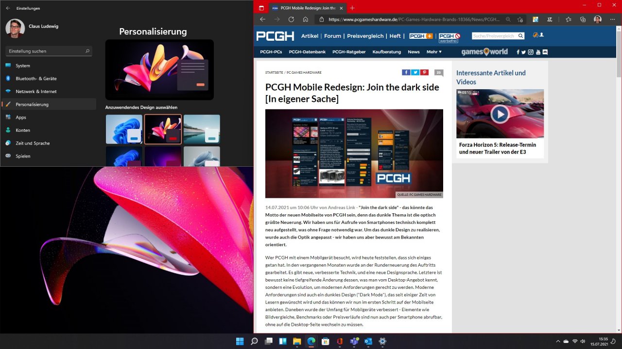 [15/07/2021] Windows 11 Design aufgezeichnete Bewegung mit roter Akzentfarbe