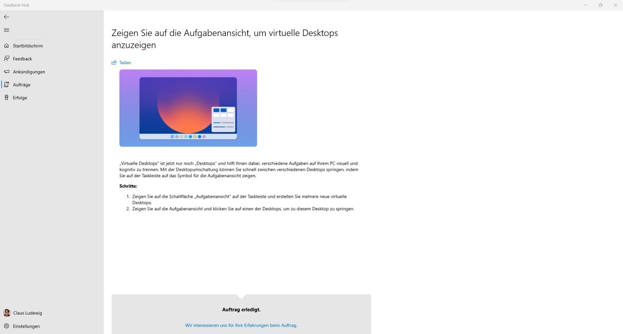 [14/07/2021] Windows 11 Feedback Hub Auftrag erledigt