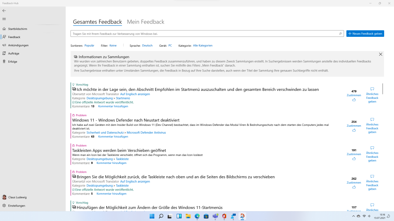 [14/07/2021] Windows 11 Feedback Hub Feedback Sammlung