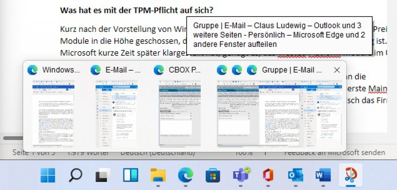 [27/07/2021] Windows 11: Snap-Gruppen-Ansicht.
