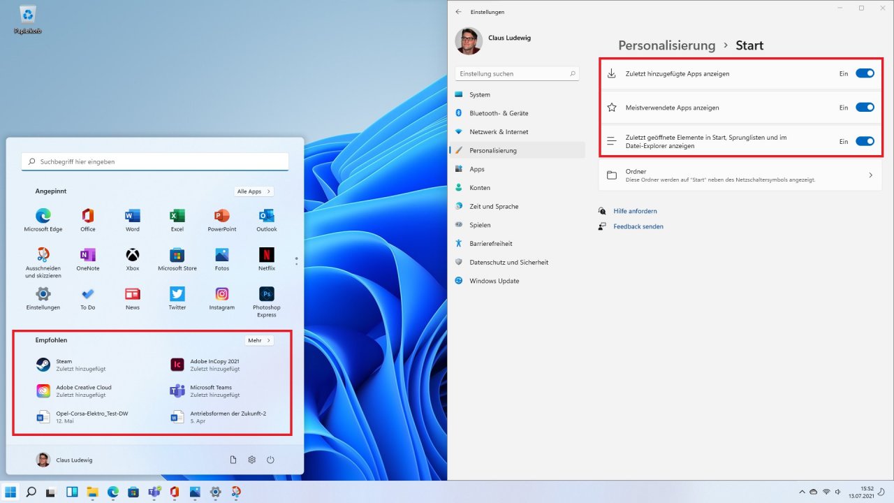 Windows 11 Start Menu Anpassungsoptionen in Insider Preview 22000.65 03