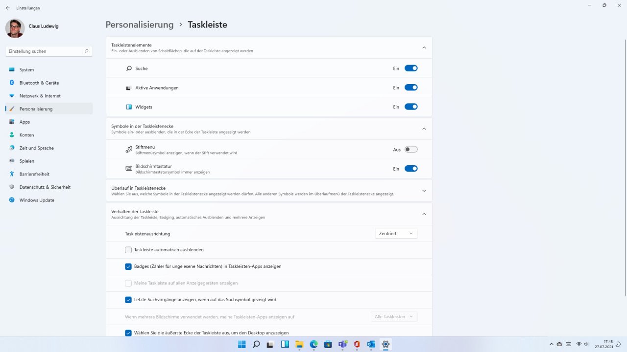 [27/07/2021] Personalisierungsfunktionen der neuen Taskleiste in Windows 11.