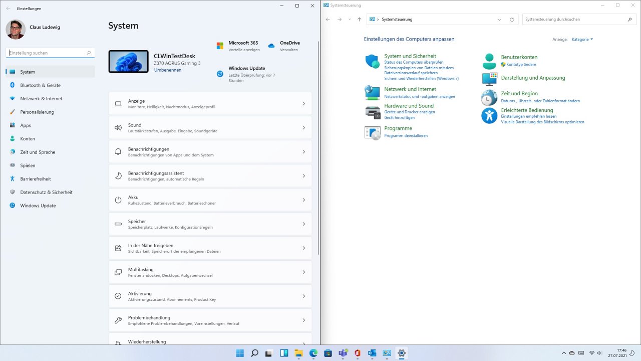 [27/07/2021] Windows 11: Neue Einstellungsapp und alte Systemsteuerung.