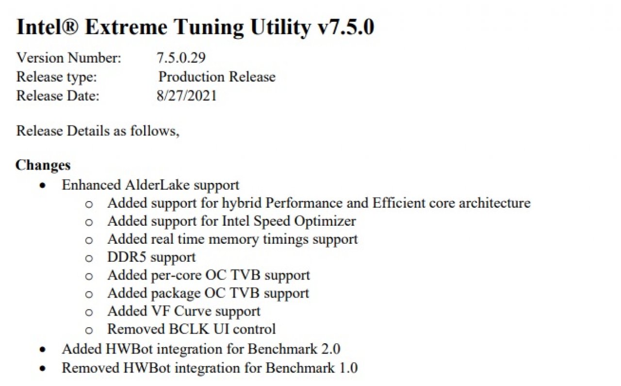 [30/08/2021] Intel Extreme Tuning Utility Changelog 7.5.0.29 - Alder Lake & DDR5