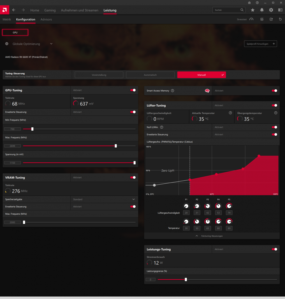 Radeon RX 6600 XT Radeon Software Tuning Menü: Standard-Settings