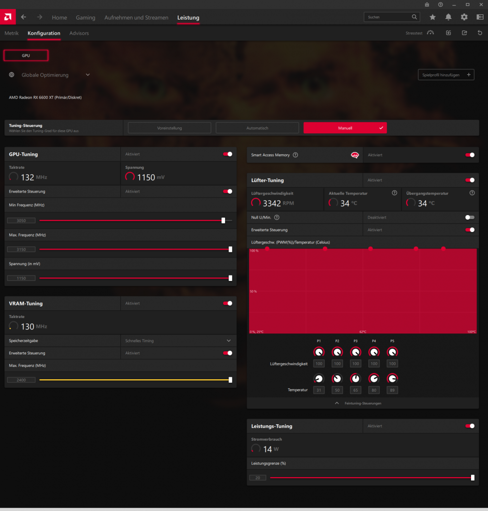 Radeon RX 6600 XT Radeon Software Tuning Menü: MAX-Settings