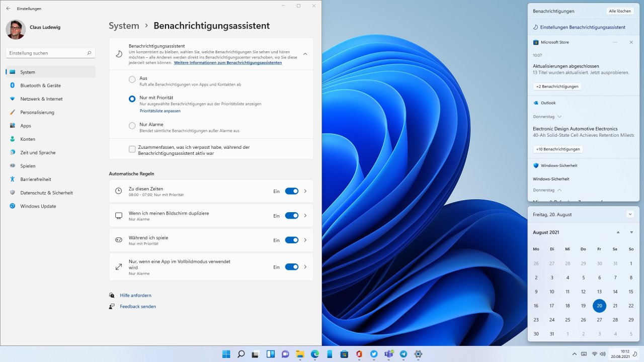[20/08/2021] Windows 11 Benachrichtigungsassistent Insider Preview 22000.160