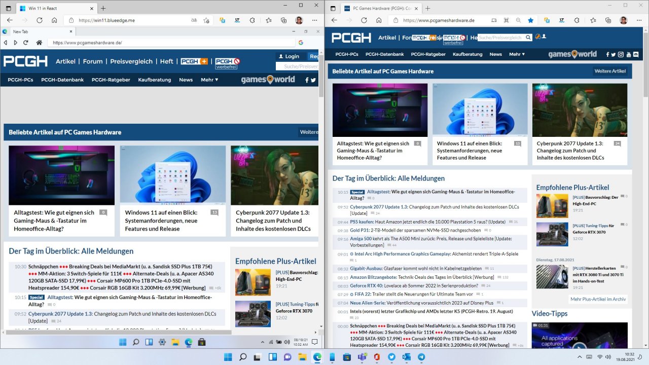 [19/08/2021] Windows 11 Testversion mit unechtem Web Browser links und echtem Microsoft Edge rechts