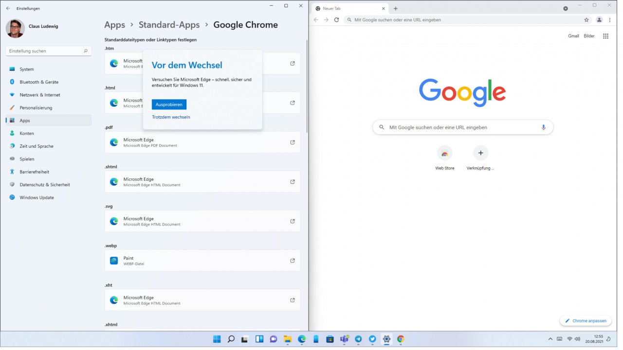 [20/08/2021] Klickorgie vor dem Wechsel des Standardbrowsers unter Windows 11.