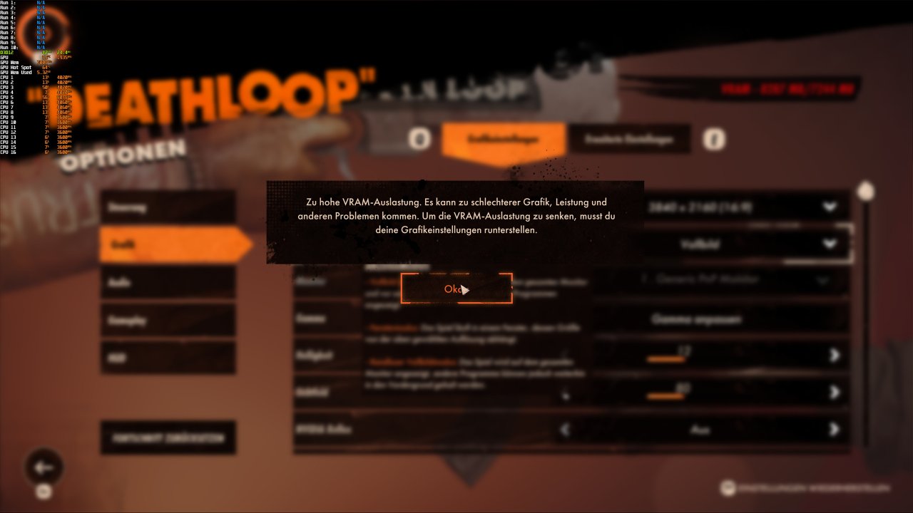 Speicherwarnung mit 8 GiByte in Deathloop (2021)