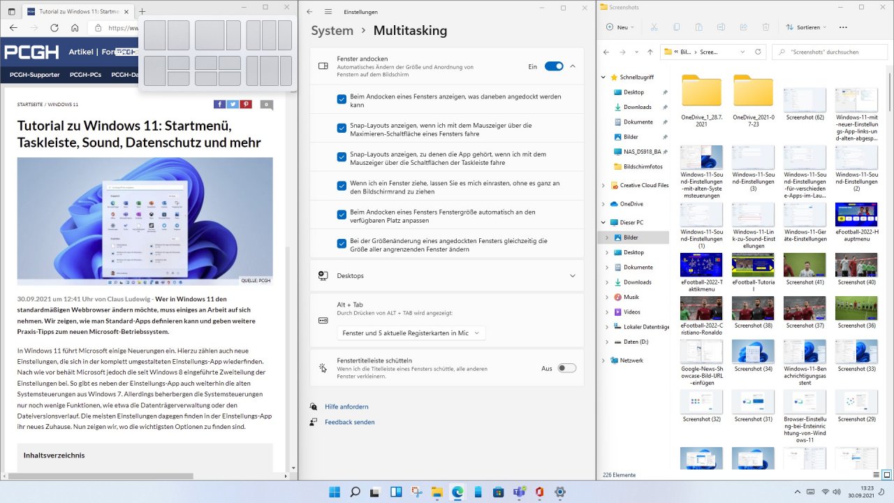 [30/09/2021] Bisheriger Snap Assist in Windows 11 lässt sich u.a. durch die Tastenkombination Windows+Z aufrufen.