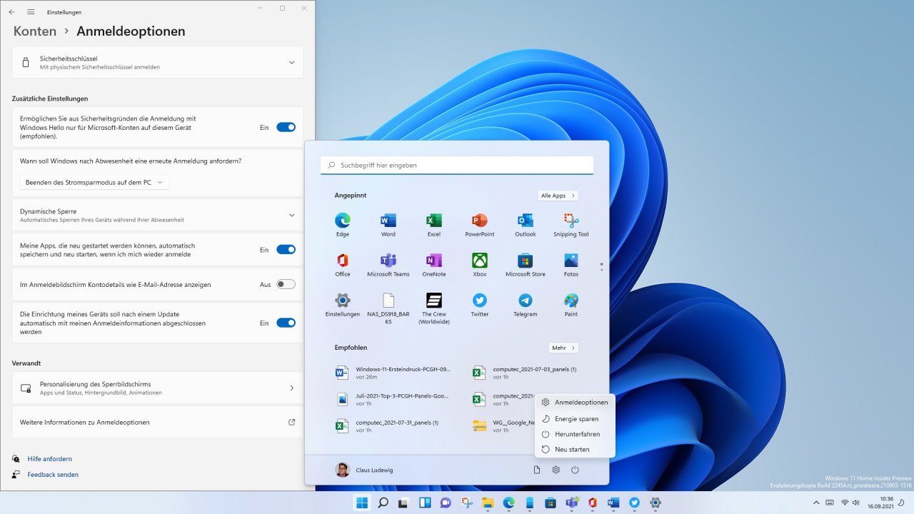 [16/09/2021] Windows 11 Insider Preview 22454 Anmeldeoptionen im Startmenu