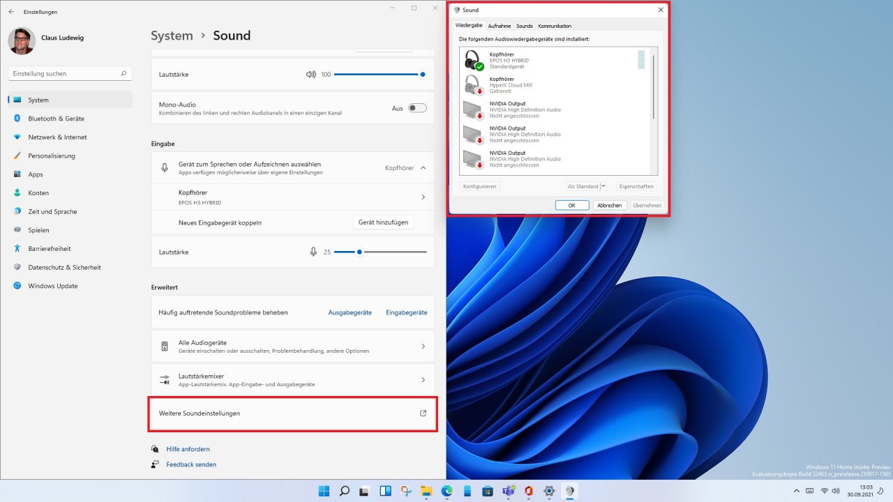 [30/09/2021] Windows 11 Sound Einstellungen mit alten Systemsteuerungen