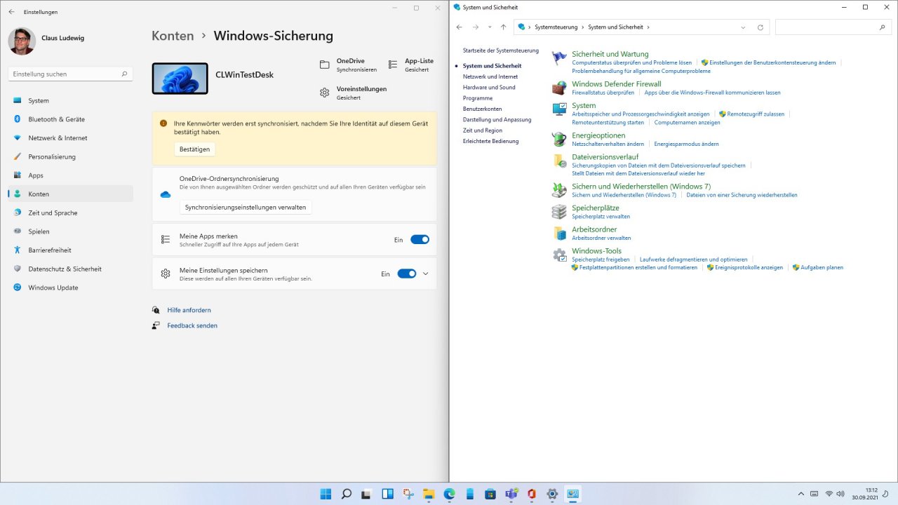 [30/09/2021] Windows 11 mit neuer Einstellungsapp links und alten abgespeckten Systemsteuerungen rechts