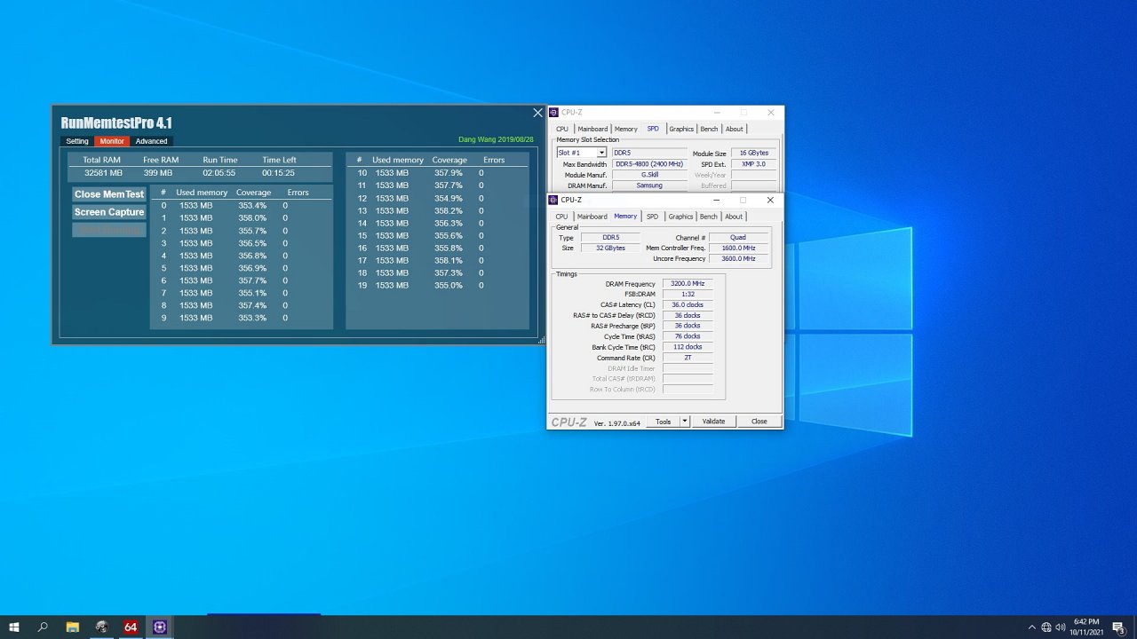 [15/10/2021] G.Skill Trident Z5 (RGB): 2× 16 GiByte DDR4-6400 (36-36-36-76) in HCI Memtest