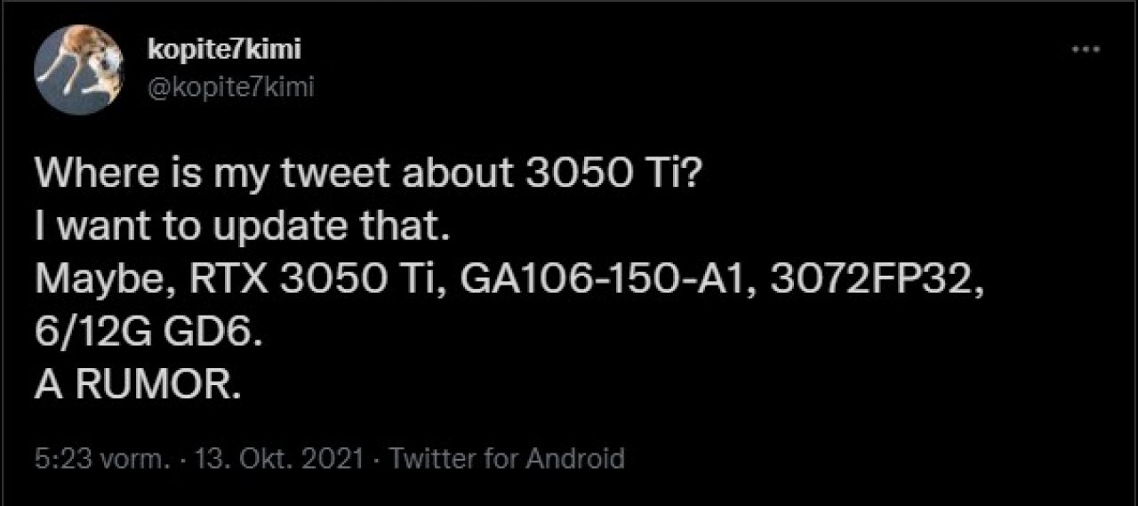 [18/10/2021] Mögliche Spezifikationen zur RTX 3050 Ti.