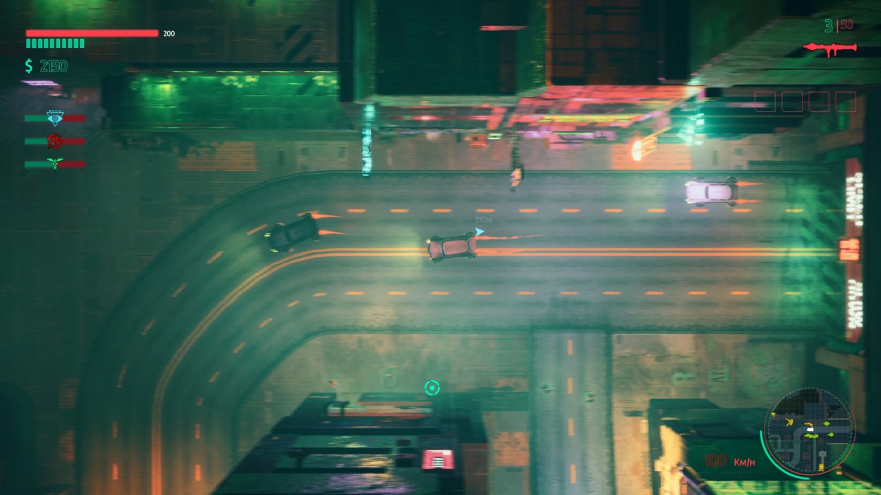 Neon-Lichter in einer Top-Down-Sicht mit verschiedenen Gangs. Der GTA-2-Nachtmodus wurde hier eindeutig als Vorbild genommen.&nbsp;