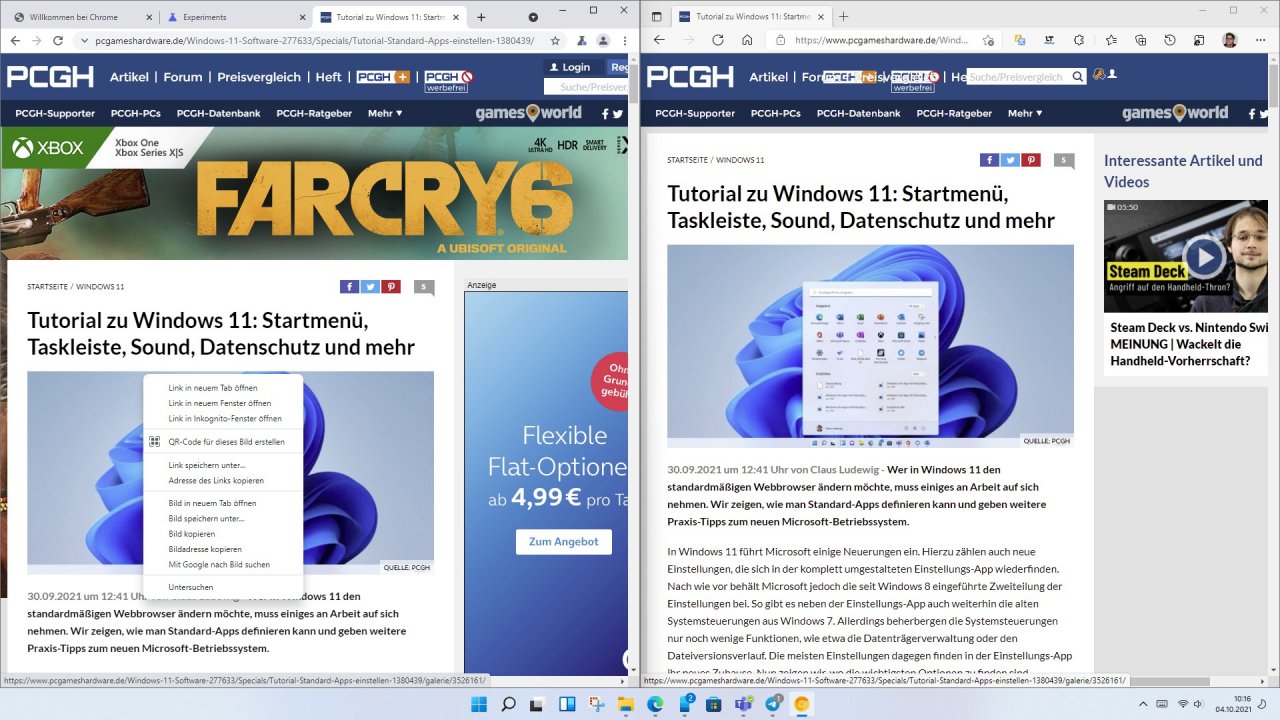 Google Chrome mit dem Windows 11 Style Menu.