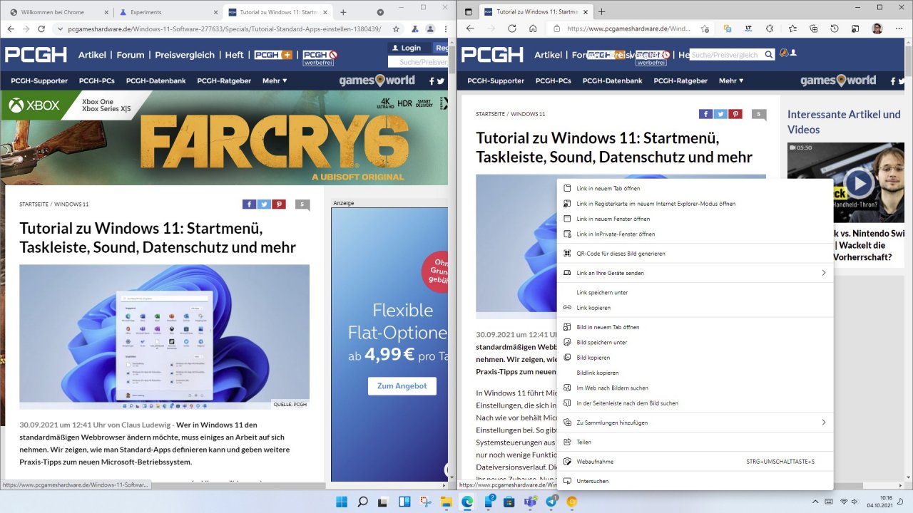 Microsoft Edge mit dem Mica Design Kontextmenu.