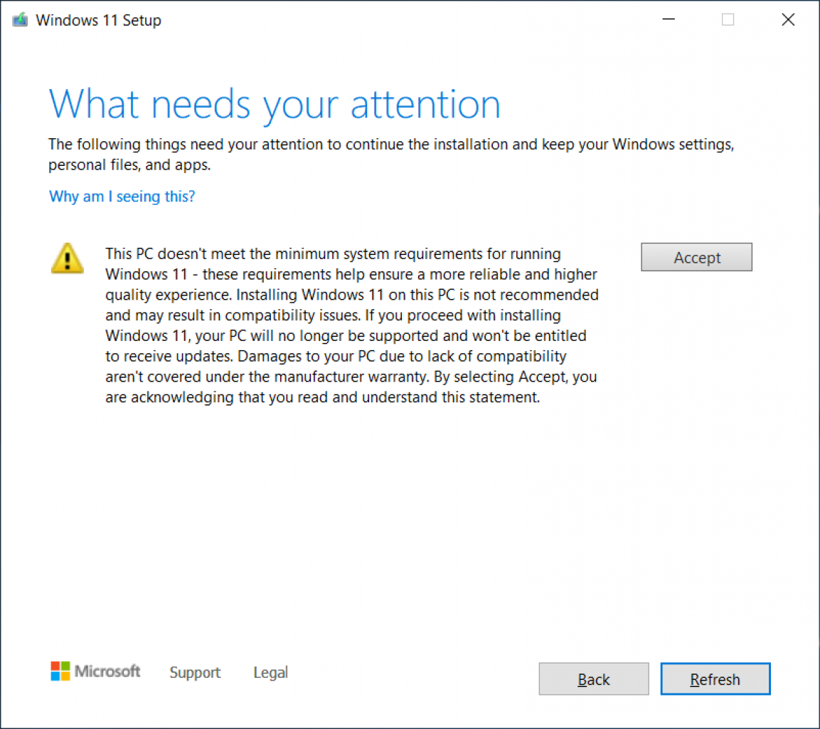 [06/10/2021] Warnung bei der Installation von Windows 11 auf einem PC mit nicht-unterstütztem Prozessor.