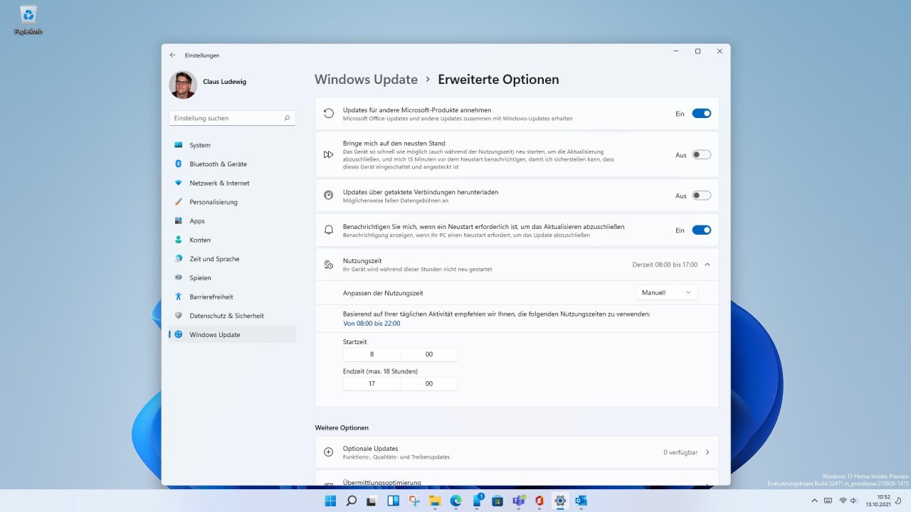 [13/10/2021] Windows Update in Windows 11 mit aktiver Nutzungszeit ohne Installation von Updates