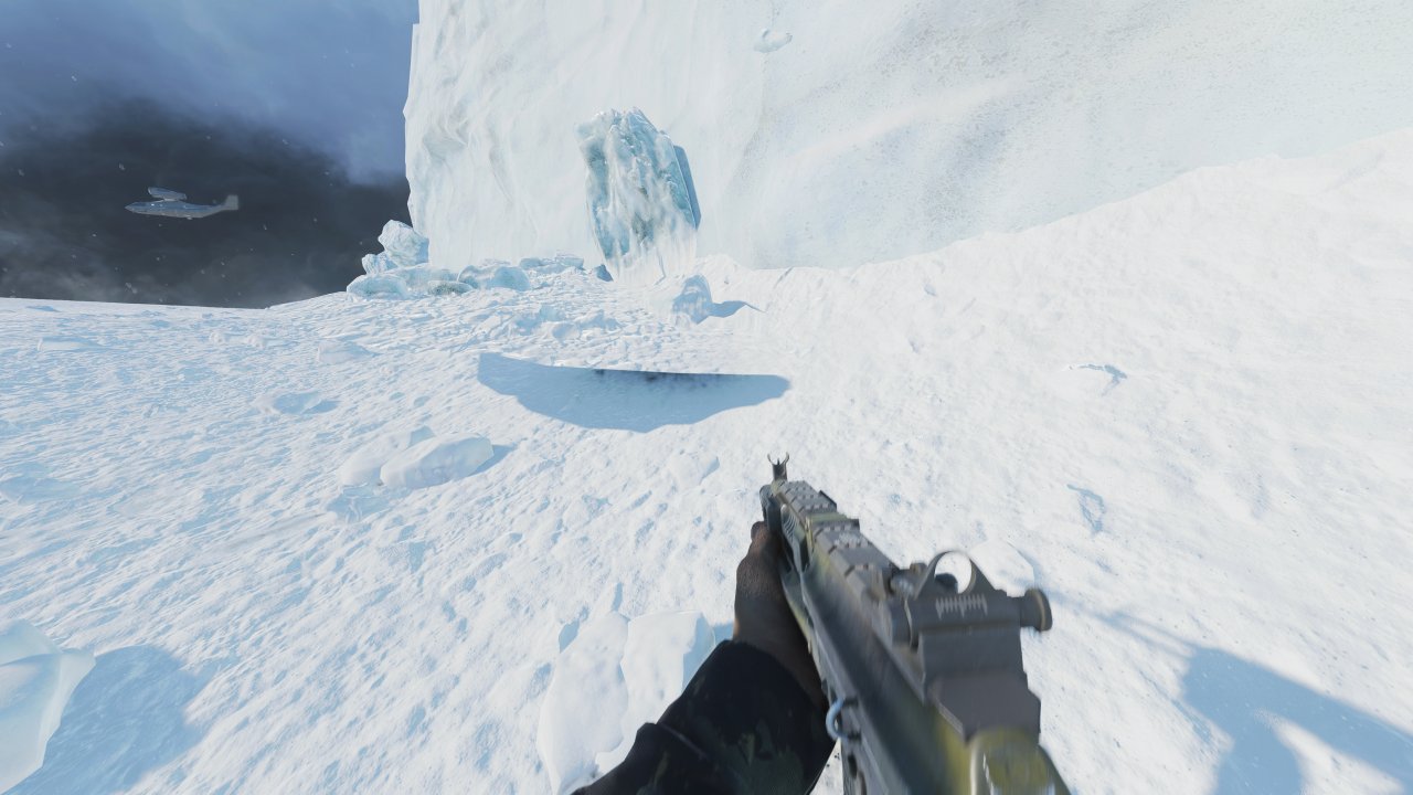 Battlefield 2042 - Auf dieser Oberfläche wirkt das Displacement Mapping weniger detailliert, der Tessellationsgrad ist sichtbar geringer. Die Oberfläche erfordert aufgrund der flacheren, kantigeren Struktur allerdings auch eine weniger hohe Polygondichte. Beifang: Hier sehen Sie obendrein eins der relativ oft aufzufindenden inkorrekt platzierten Objekte.