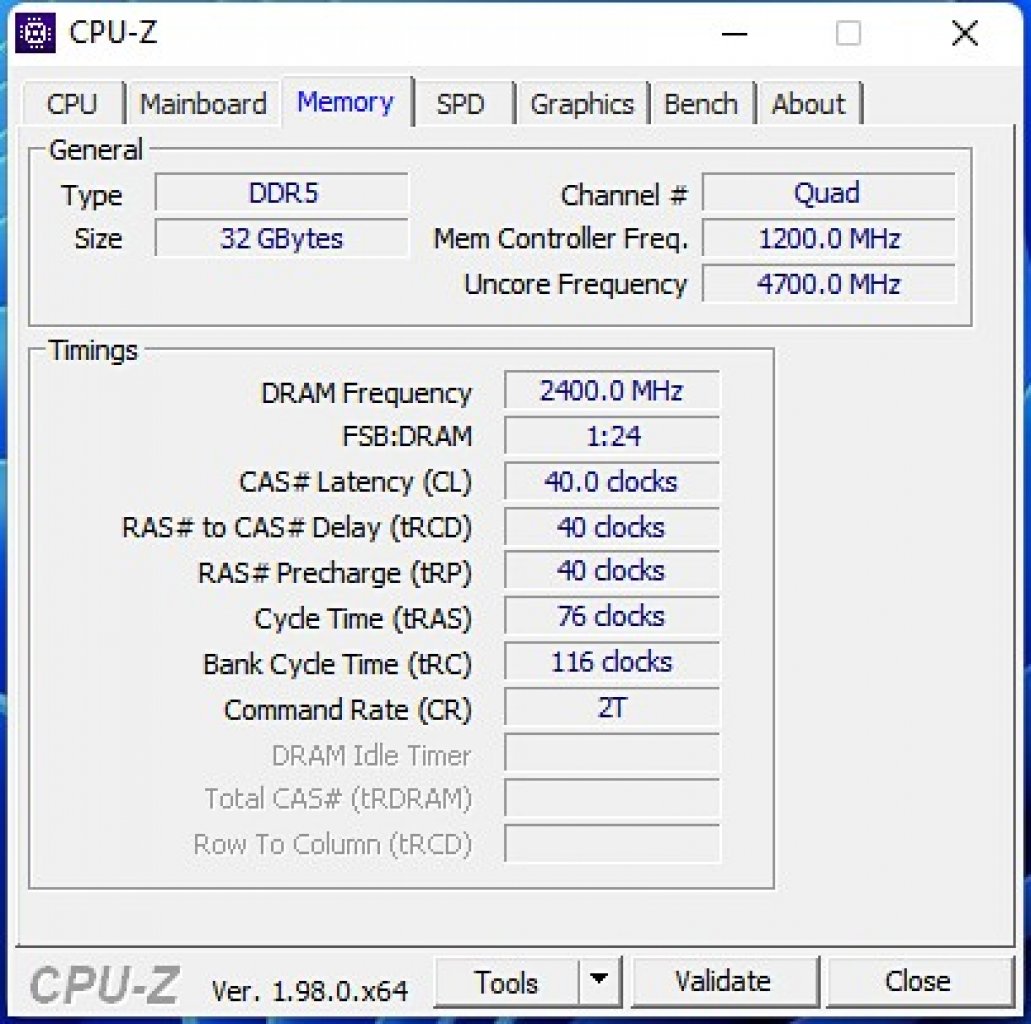 G.Skill Trident Z5 RGB F5-6000U3636E16GX2-TZ5RS: 2× 16 GiByte DDR5-4800 (40-40-40-76-116 2T), single-ranked