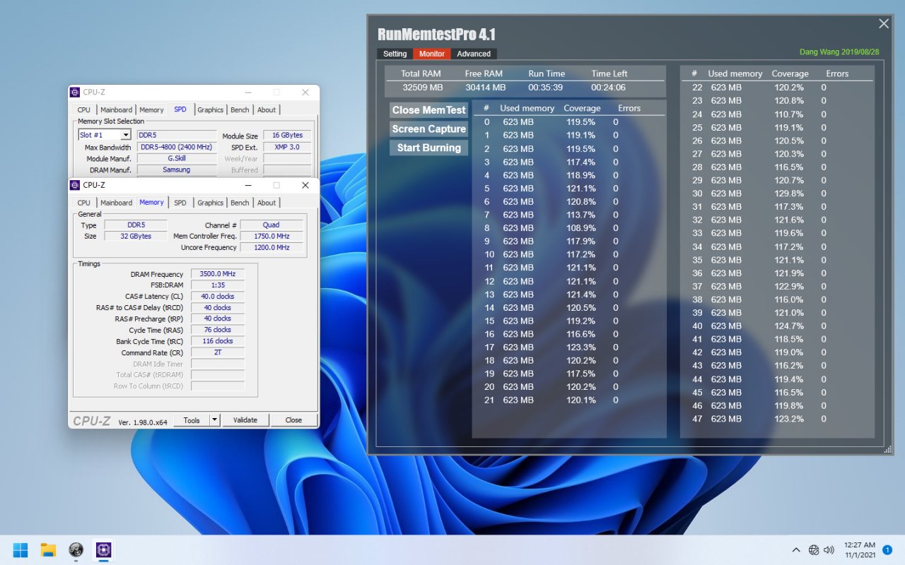 [03/11/2021] G.Skill Trident Z5 (RGB): 2× 16 GiByte DDR4-7000 (40-40-40-76) in HCI Memtest