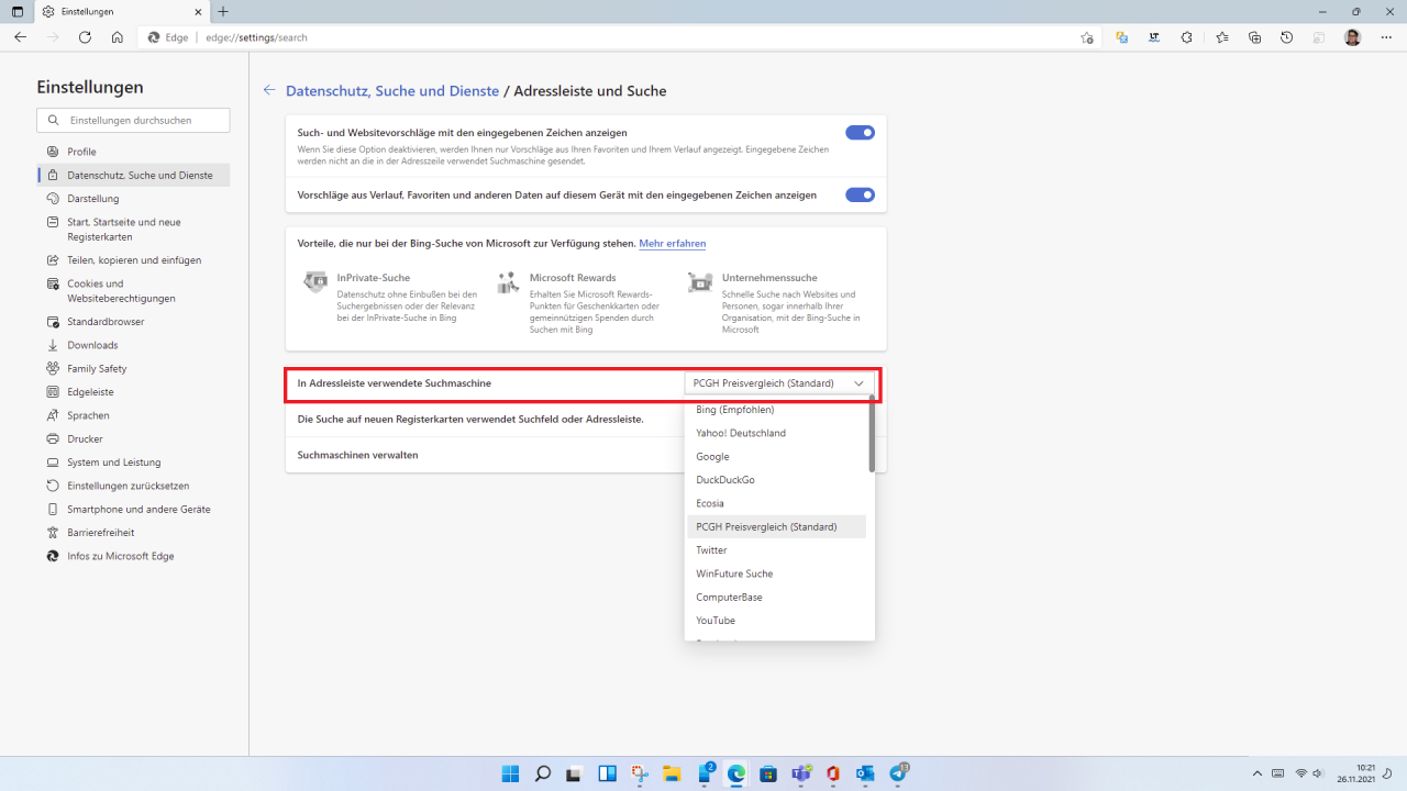 [26/11/2021] Microsoft Edge Suchmaschinen Einstellung