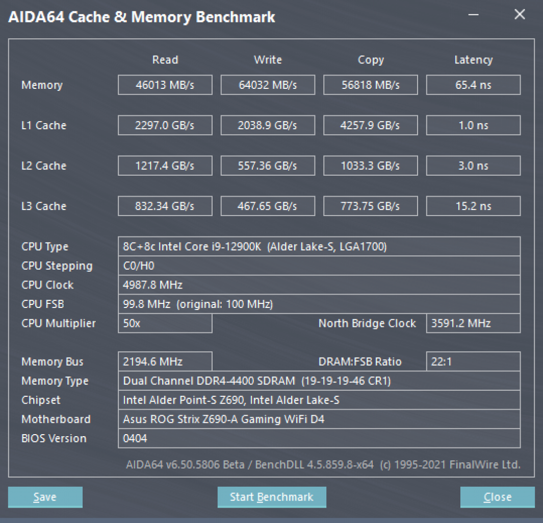 Aida64: 2×16 GiByte DDR4-4400 (19-19-19-46-65 1T), RAM-Controller @ 1.100 MHz (Gear Mode 2)