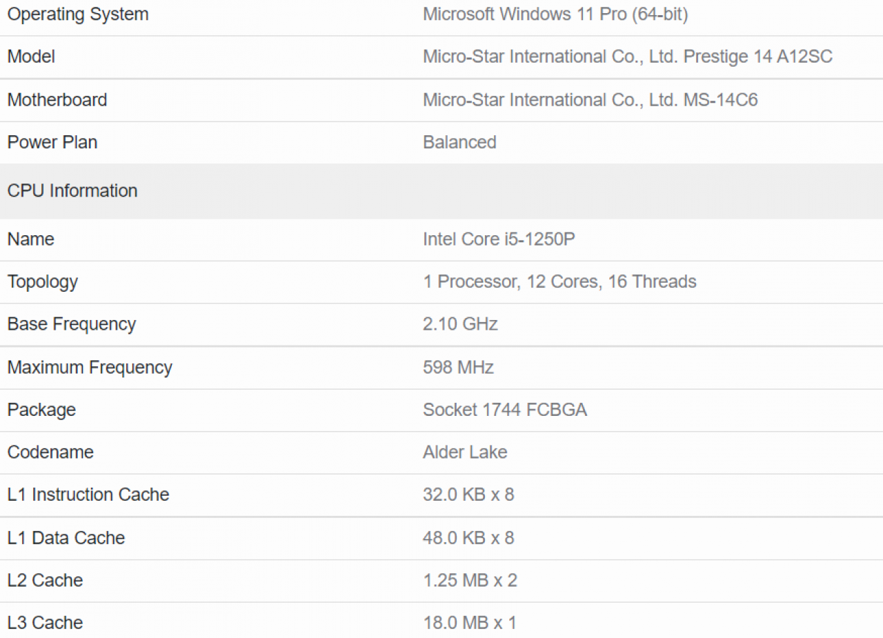 [29/12/2021] Core i5-1250P Spezifikationen