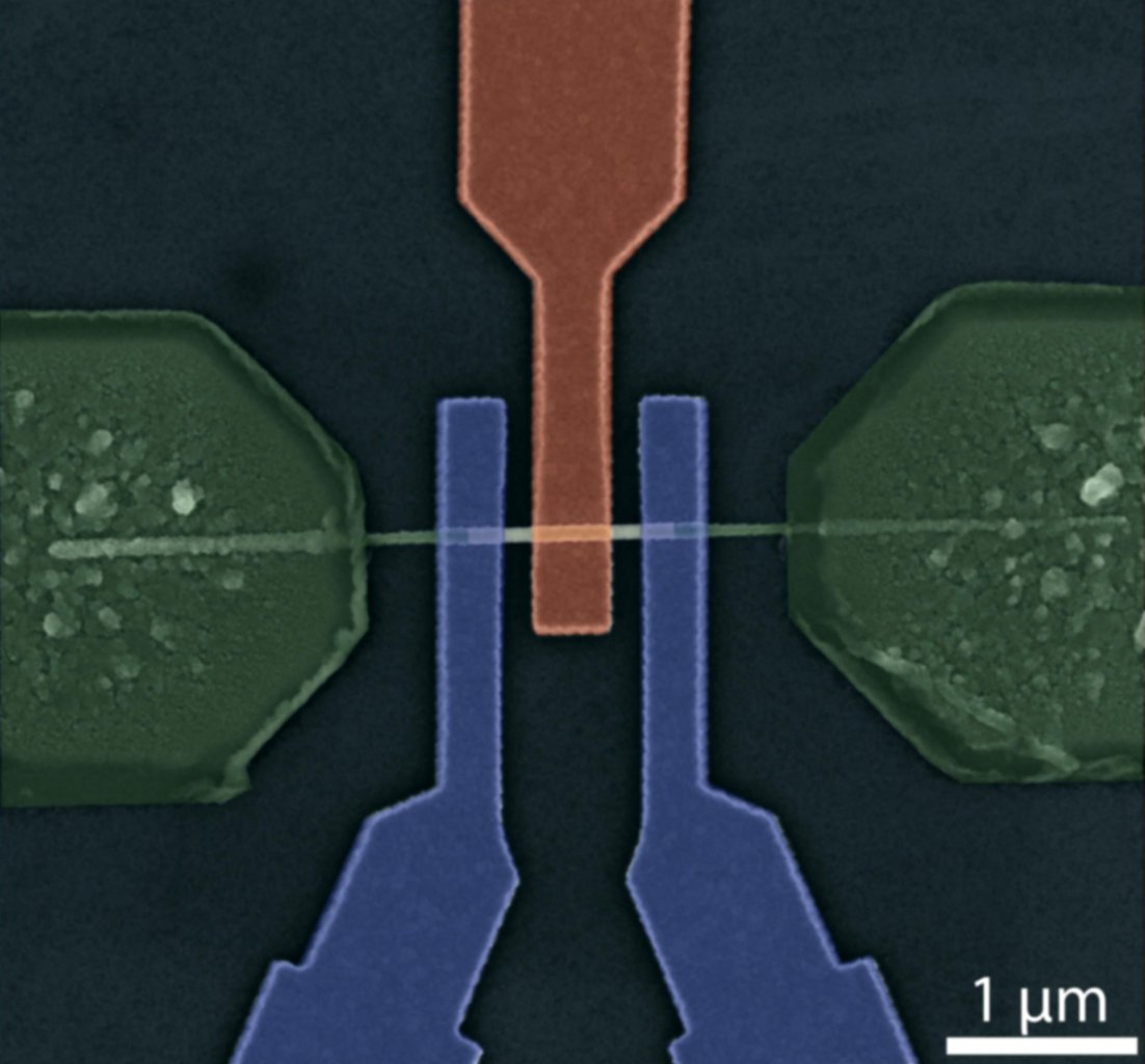 [25/12/2021] Ein normaler Transistor besteht aus den Basisgebieten (Grün) und dem zum Schalten verwendeten Gate (Rot). Im Bild sorgt ein zusätzliches Control-Gate (Blau) dafür, dass die Eigenschaften des Transistors verändert werden können.