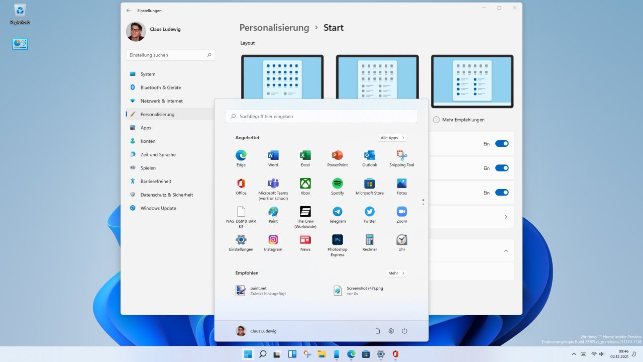 [02/12/2021] Windows 11 Startmenu Individualisierung Insider Preview 22509 02