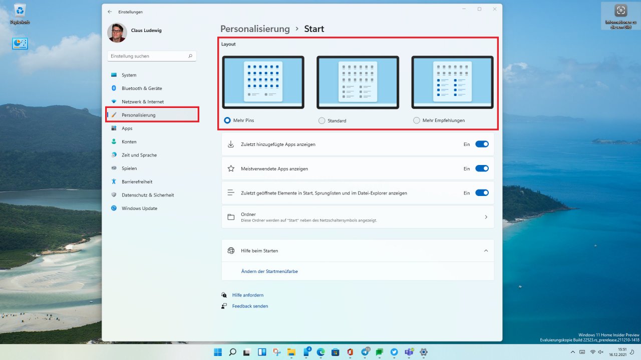 [16/12/2021] Aufteilung vom Startmenü in Windows 11 Version 22H2