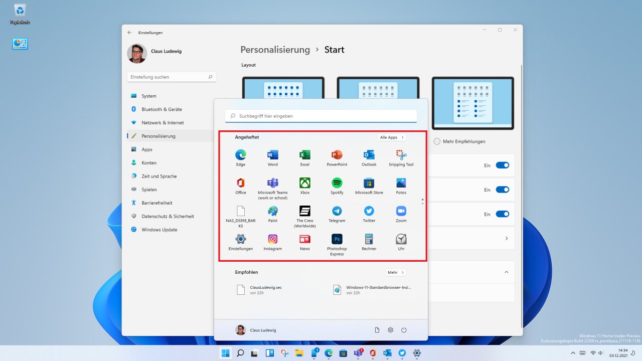 [03/12/2021] Größerer Bereich für angepinnte Apps/Programme im Startmenü in Windows 11 Version 22H2.