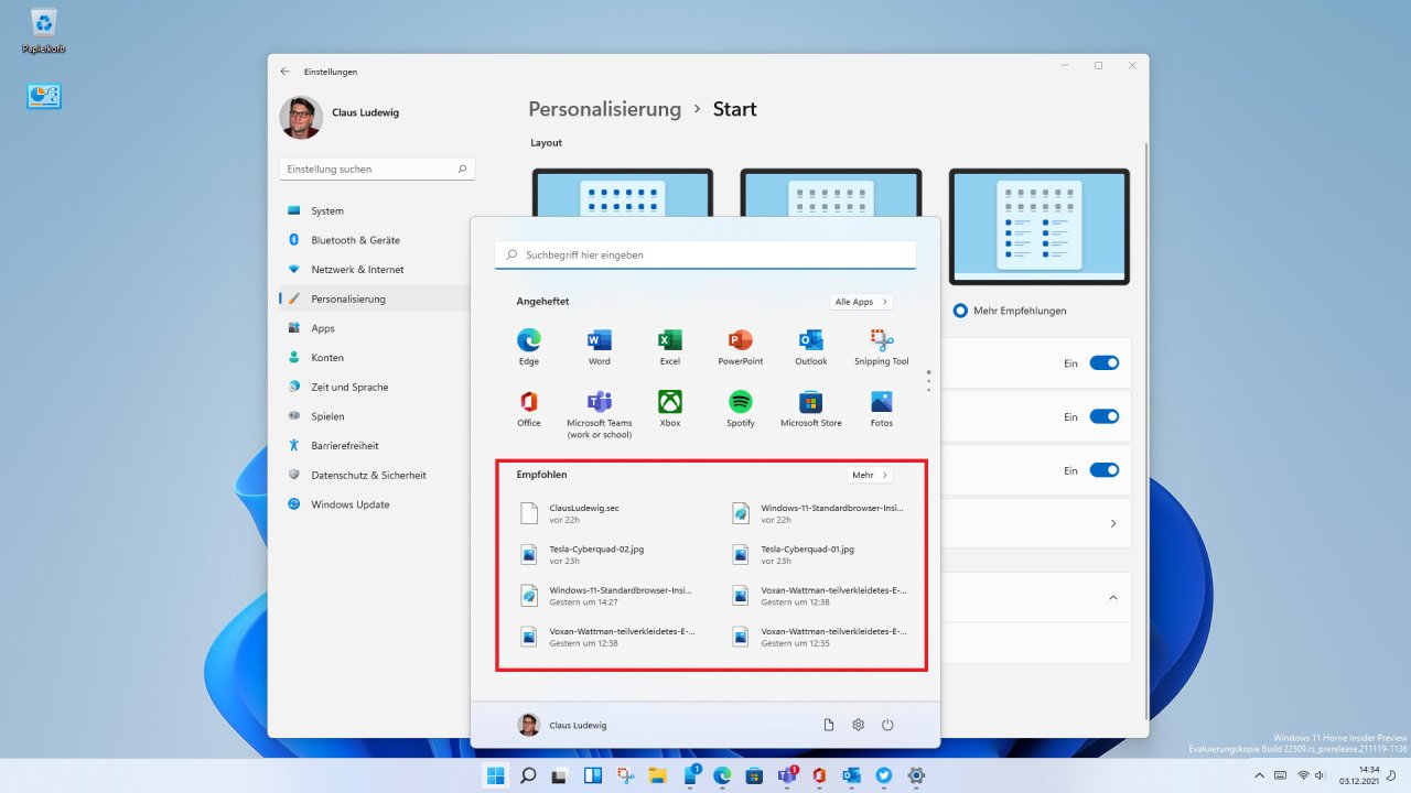 [03/12/2021] Windows 11 Version 22H2 grosser Empfohlen Bereich im Startmenu