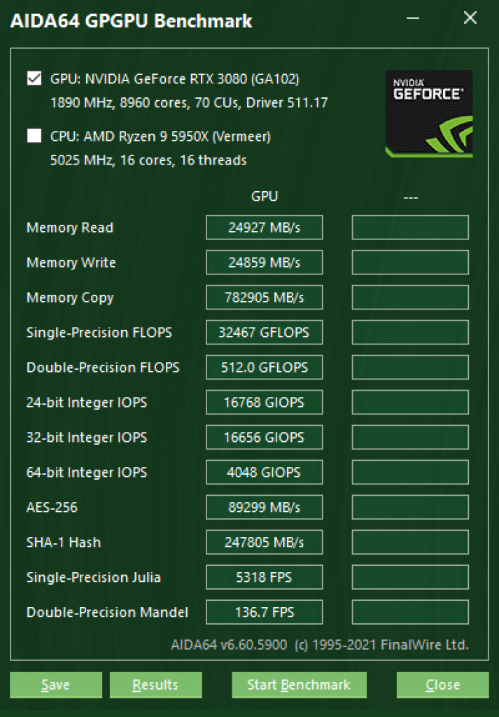 [13/01/2022] AIDA64 GPGPU Benchmark: RTX 3080 12GB